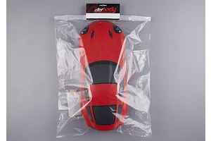 A red Alfa Romeo TZ3 Corsa RC car body shell by Killerbody, sealed in a clear plastic retail bag against a grey background.