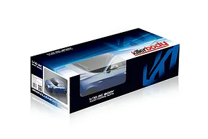Killerbody 1/10 scale RC car body shell packaging box for an Alfa Romeo Giulietta in metallic blue.