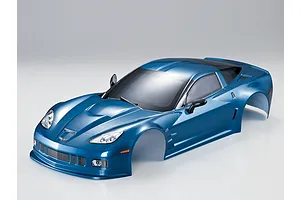 A metallic blue Killerbody 1/10 scale Corvette GT2 RC car body shell viewed from a high angle against a white background.