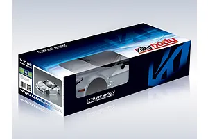 Killerbody 1/10 scale Corvette GT2 silver painted RC body shell in its branded retail packaging box.