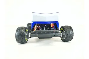 Rear view of a Losi Mini-T 2.0 RC car showing the installed T-Bone Racing black wheelie bar attached to the rear chassis.