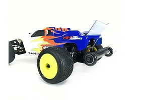 A T-Bone Racing wheelie bar installed on the rear of a Losi Mini-T 2.0 RC truck against a white background.