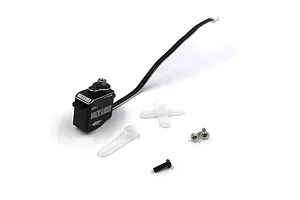 Yeah Racing Hackslider metal gear servo for Mini-Z RC cars, including white plastic servo horns and mounting screws on a white background.