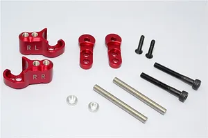 GPM Racing red aluminium rear adjustable shock mount set for RC cars, including brackets, pins, screws, and spacers on a white background.