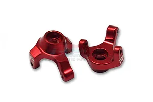 Two red anodized aluminium front steering hubs for an RC car, marked with L and R, isolated on a white background.