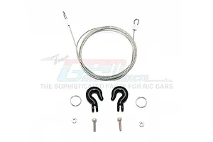 GPM Racing black aluminium towing hooks with a steel wire cable and mounting hardware on a white background.