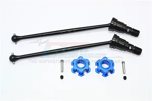 Two black hardened steel CVD drive shafts with blue aluminium wheel hexes and mounting hardware on a white background.