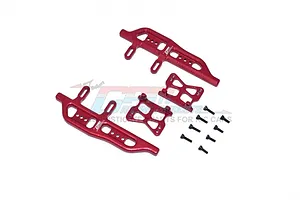 A set of red anodized aluminium side steps and mounting brackets for an RC car, including small black screws, displayed on a white background.