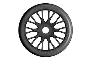 A single GRP 1/8 scale GT-T04 slick RC car wheel with a black multi-spoke rim, viewed head-on against a white background.