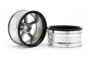 Two chrome-finished RC car rims with a six-spoke design and black outer edges, shown against a white background.