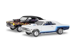 Two assembled 1/24 scale model cars of a 1966 Chevrolet Malibu SS, one black with flames and one white with blue racing stripes.