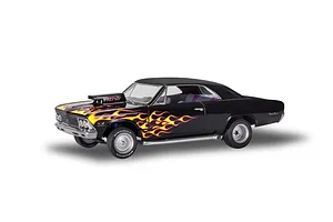 A completed 1/24 scale model of a black 1966 Malibu SS with yellow and orange flame decals, a hood scoop, and side-exit exhaust pipes.