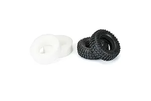 Two black Pro-Line 1.9 inch RC crawler tyres and two white foam inserts on a white background.