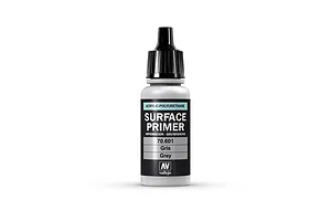 A bottle of Vallejo Surface Primer Grey 17ml with a black dropper cap, shown against a plain white background.