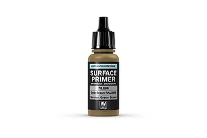 A 17ml bottle of Vallejo Surface Primer in German Green Brown (RAL 8000) with a black dropper cap, centered on a white background.