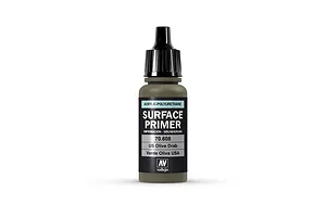 A 17ml bottle of Vallejo Surface Primer in US Olive Drab, featuring a black dropper cap and a label with product details.