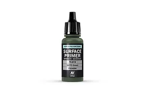 A 17ml bottle of Vallejo Surface Primer in NATO Green, featuring a black dropper cap and a label with product details.