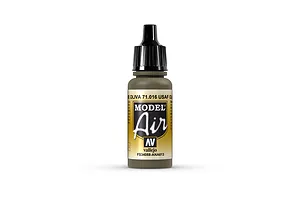A 17ml bottle of Vallejo Model Air USAF Olive Drab acrylic airbrush paint, showing the label with product details and a black dropper cap.
