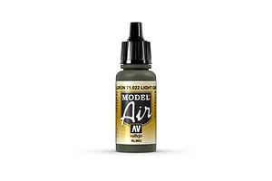 A 17ml bottle of Vallejo Model Air Light Green RLM82 acrylic paint, featuring a black dropper cap and a label with the Model Air logo.