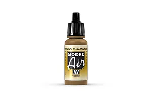 A 17ml bottle of Vallejo Model Air Golden Brown acrylic paint with a black dropper cap, centered against a white background.