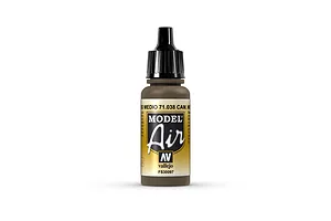 A 17ml bottle of Vallejo Model Air Cam Medium Brown acrylic airbrush paint, featuring a black dropper cap and a label with the product name and FS30097 code.