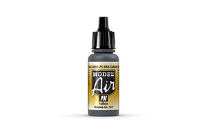 A 17ml bottle of Vallejo Model Air Dark Sea Grey acrylic airbrush paint, featuring a black dropper cap and a gold and black label.