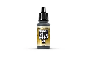 A 17ml bottle of Vallejo Model Air Black Gray RLM66 acrylic airbrush paint with a black dropper cap against a white background.