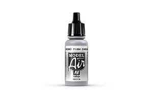 A 17ml bottle of Vallejo Model Air Chrome acrylic airbrush paint, showing the label with product name, SKU 71064, and AV branding.