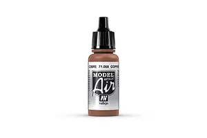 A 17ml bottle of Vallejo Model Air Copper acrylic airbrush paint, featuring a black dropper cap and a white label with black text.