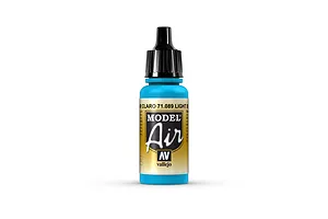 A 17ml bottle of Vallejo Model Air Light Sea Blue acrylic airbrush paint with a black dropper cap, centered against a plain white background.
