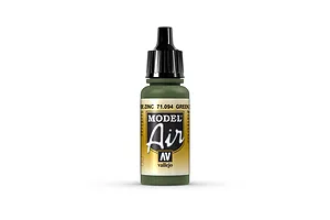 A 17ml bottle of Vallejo Model Air Green Zinc Chromate acrylic airbrush paint, featuring a black dropper cap and a label with the Model Air logo.