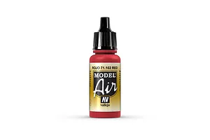 A 17ml bottle of Vallejo Model Air Red acrylic paint, featuring a black dropper cap and a label with the product name and code 71.102.
