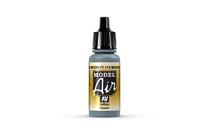 A 17ml bottle of Vallejo Model Air Medium Grey acrylic airbrush paint, featuring a black dropper cap and a label with the Model Air logo.