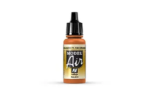 A 17ml bottle of Vallejo Model Air Orange Rust acrylic airbrush paint with a black dropper cap, isolated on a white background.