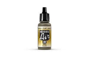 A 17ml bottle of Vallejo Model Air Light Olive acrylic airbrush paint, showing the label with product name and RAL6040 code.