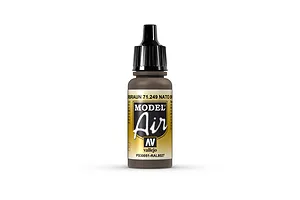 A 17ml bottle of Vallejo Model Air NATO Brown acrylic airbrush paint, featuring a black dropper cap and a label with the product name and code 71.249.