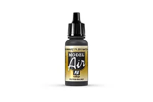 A 17ml bottle of Vallejo Model Air NATO Black acrylic airbrush paint, featuring a black dropper cap and a label with the Model Air logo.