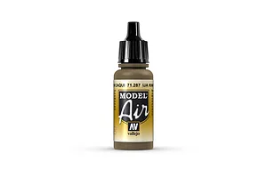 A 17ml bottle of Vallejo Model Air IJA Khaki Brown acrylic airbrush paint with a black dropper cap against a white background.