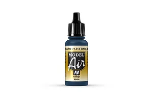 A 17ml bottle of Vallejo Model Air Dark Mediterranean Blue acrylic airbrush paint, featuring a black dropper cap and a gold and black label.