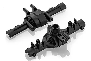 Two black plastic RC car gear box housing components shown from different angles on a white background.
