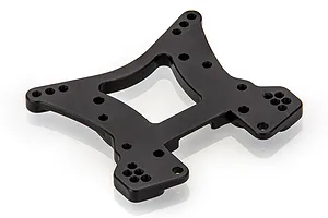 A black anodized aluminium front shock tower for an RC car, featuring multiple mounting holes and a central cutout.