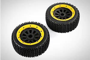 Two Rovan V5 Dirt Buster RC buggy wheels with black knobby tires and yellow beadlock rims on a white background.