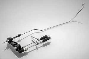 Rovan 5IVE-T 71cc throttle and brake linkage set featuring metal rods, black plastic components, and a spring on a light grey background.