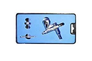 Scale Modellers Supply DragonAir airbrush in a black storage case with blue foam insert, including a nozzle wrench and air hose connector.