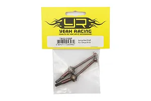 Two Yeah Racing spring steel CVD driveshafts for Tamiya XV-02 in original yellow and white retail packaging.