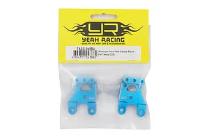 Two blue aluminum shock mounts for Tamiya CC-02 in Yeah Racing retail packaging.