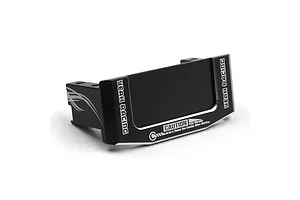 Black aluminium servo mount by Yeah Racing for Traxxas 4-Tec, featuring silver laser-etched branding and caution text on a white background.