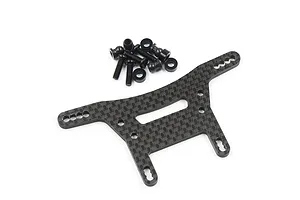 Yeah Racing carbon fibre front shock tower for Tamiya XV-02 with included black metal screws and ball studs on a white background.