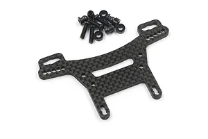 Yeah Racing carbon fibre rear shock tower for Tamiya XV-02 with included mounting hardware on a white background.
