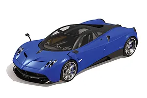 A high-angle studio shot of a blue and black Pagani Huayra scale model car on a white background.